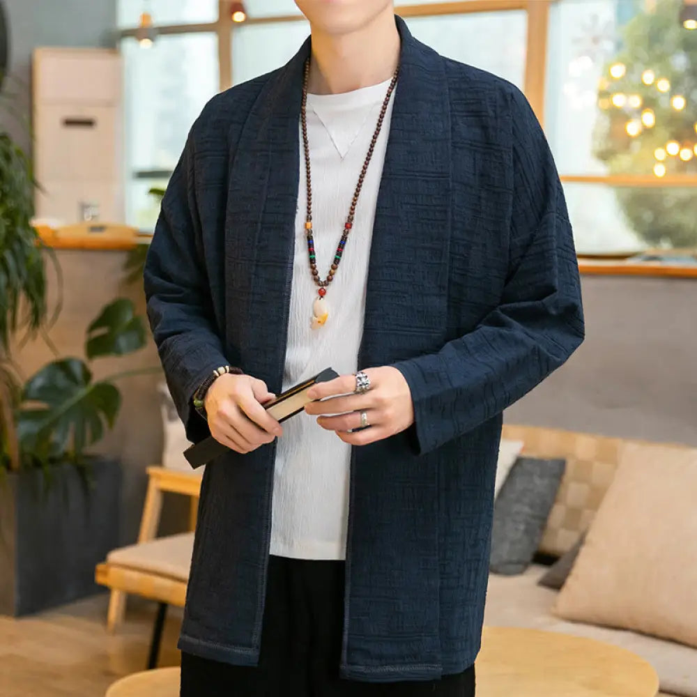 Buddha Stones Fall Simple Loose Plain Linen Blend Men’s Mid-length Coat Clothing - Navy / US/UK/AU34，EU44 (M) - Men’s