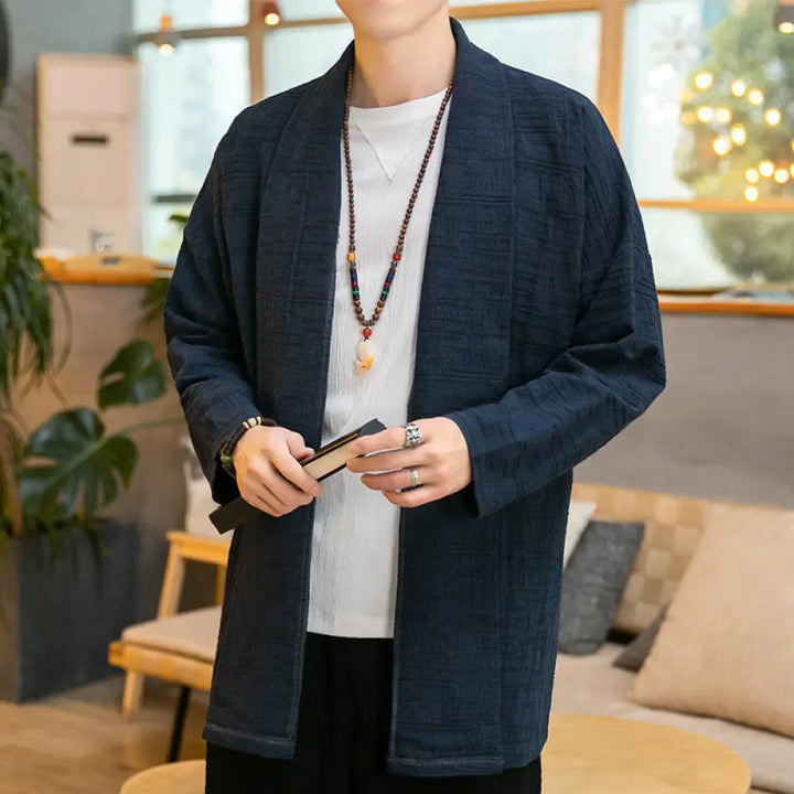 Buddha Stones Fall Simple Loose Plain Linen Blend Men’s Mid-length Coat Clothing - Navy / US/UK/AU34，EU44 (M) - Men’s