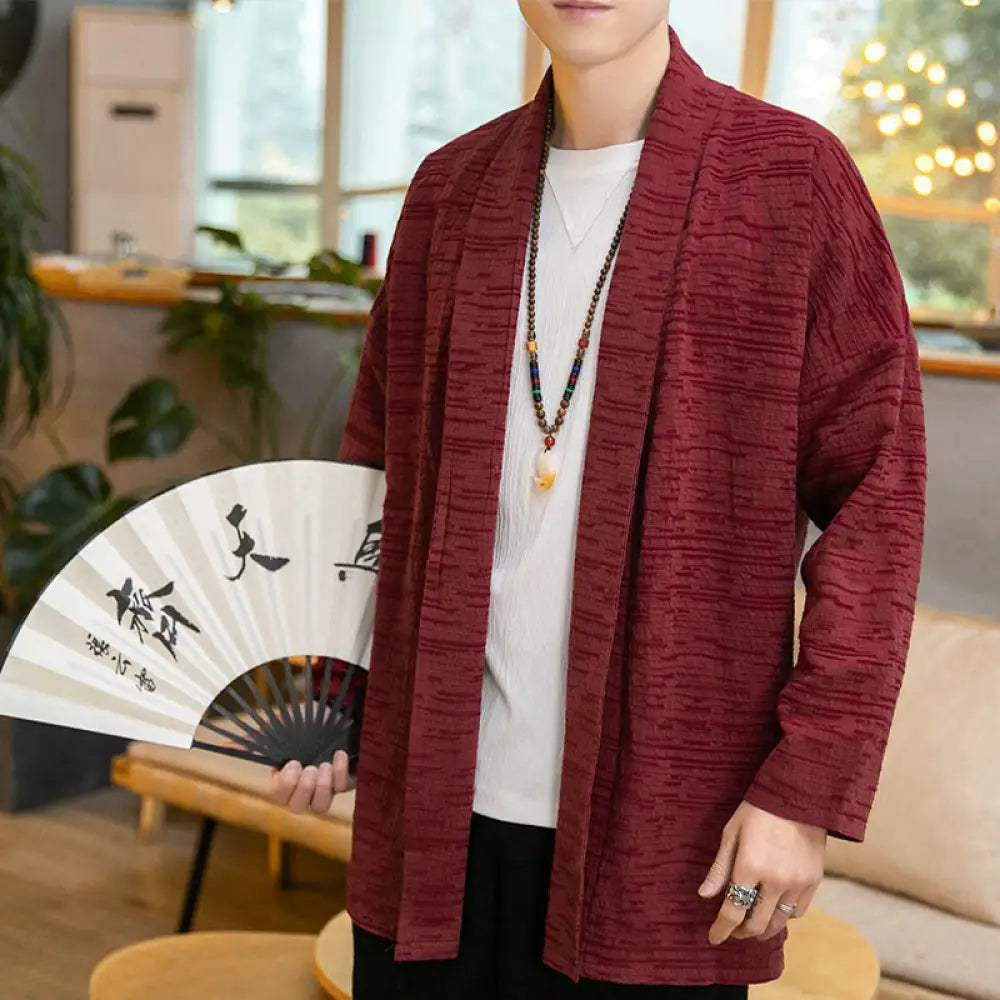 Buddha Stones Fall Simple Loose Plain Linen Blend Men’s Mid-length Coat Clothing - Red / US/UK/AU34，EU44 (M) - Men’s