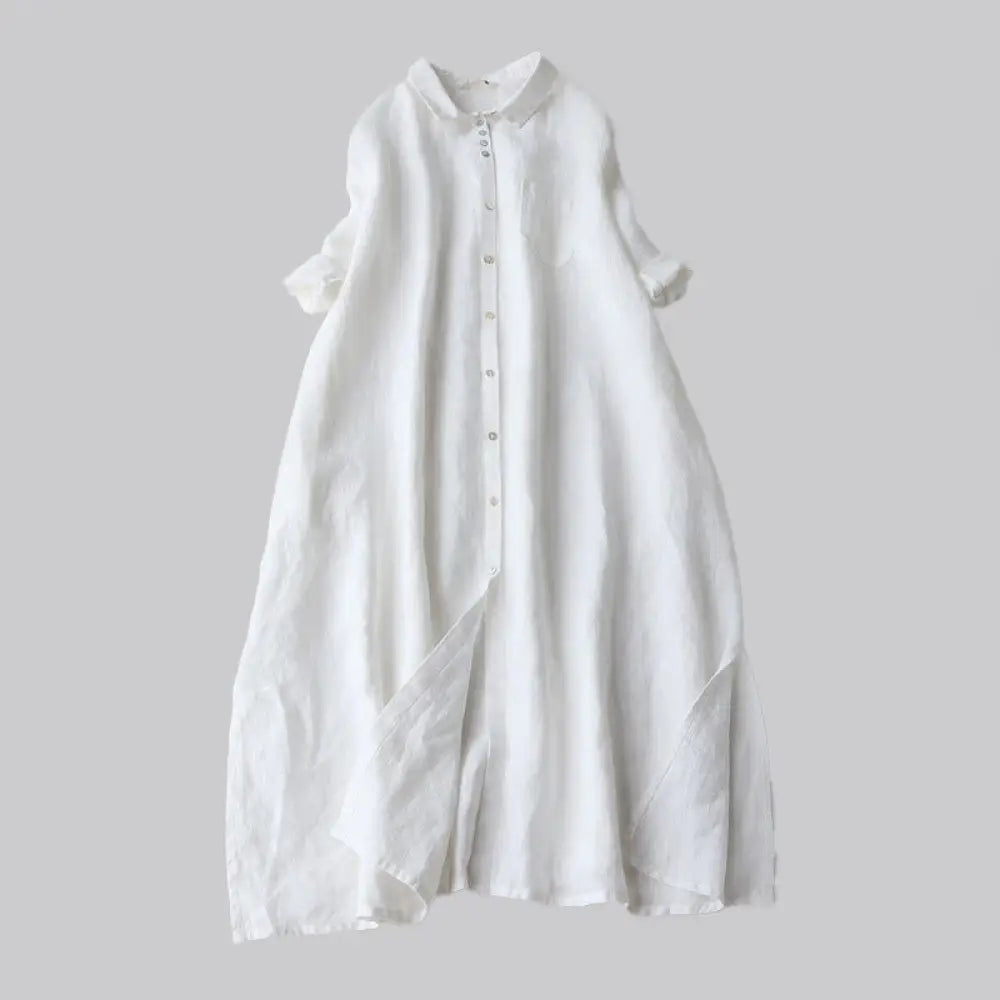 Buddha Stones Fall Solid Buttons Down Lapel Design Three Quarter Sleeve Women’s Midi Dress With Pockets - White
