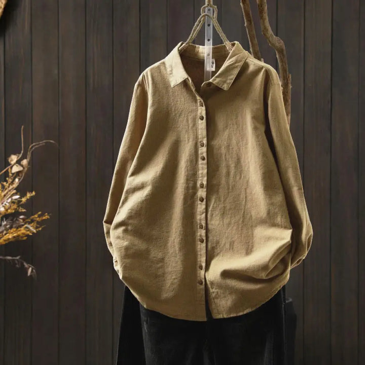 Buddha Stones Fall Solid Color Button Down Stand Collar Long Sleeve Women’s Cotton Shirt - DarkKhaki / US4，UK/AU8，EU36