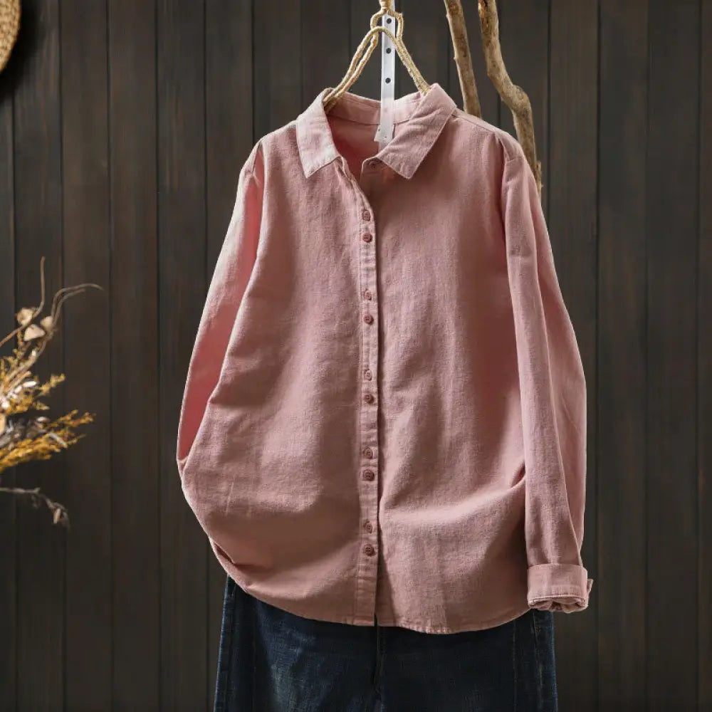 Buddha Stones Fall Solid Color Button Down Stand Collar Long Sleeve Women’s Cotton Shirt - DarkSalmon / US4，UK/AU8，EU36