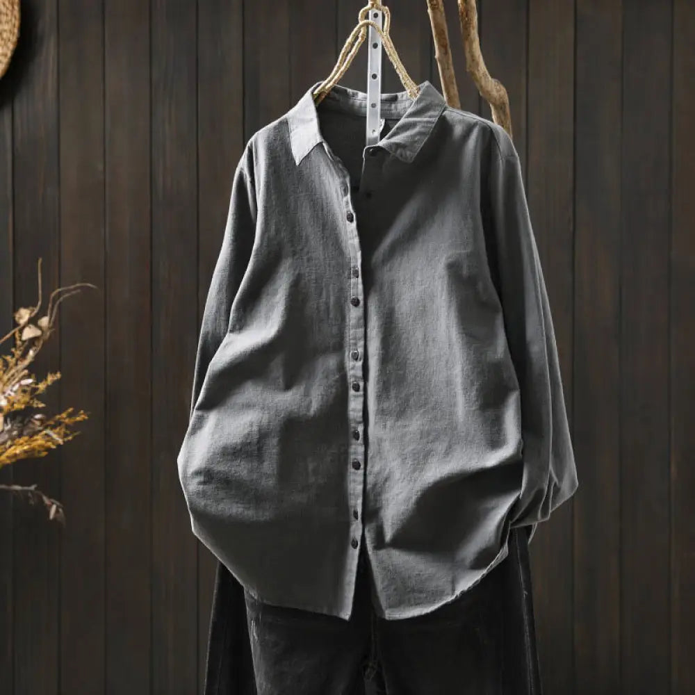 Buddha Stones Fall Solid Color Button Down Stand Collar Long Sleeve Women’s Cotton Shirt - Gray / US4，UK/AU8，EU36 (M)