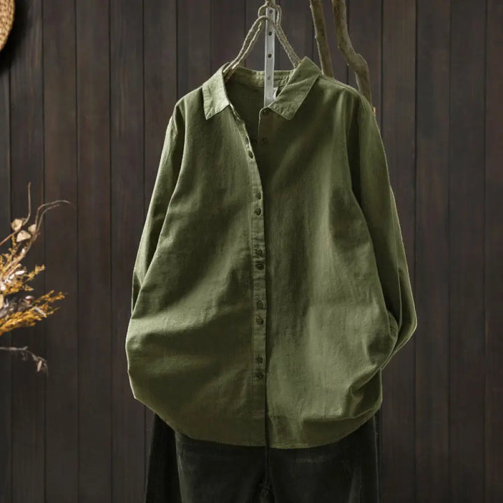 Buddha Stones Fall Solid Color Button Down Stand Collar Long Sleeve Women’s Cotton Shirt - Green / US4，UK/AU8，EU36 (M)