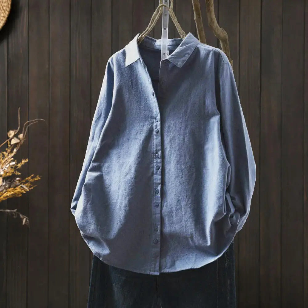 Buddha Stones Fall Solid Color Button Down Stand Collar Long Sleeve Women’s Cotton Shirt - LightSkyBlue