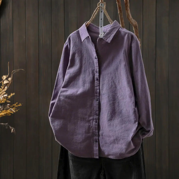Buddha Stones Fall Solid Color Button Down Stand Collar Long Sleeve Women’s Cotton Shirt - Purple / US4，UK/AU8，EU36 (M)