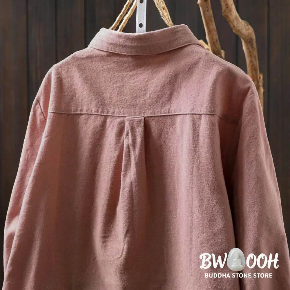 Buddha Stones Fall Solid Color Button Down Stand Collar Long Sleeve Women’s Cotton Shirt - Women’s Shirts