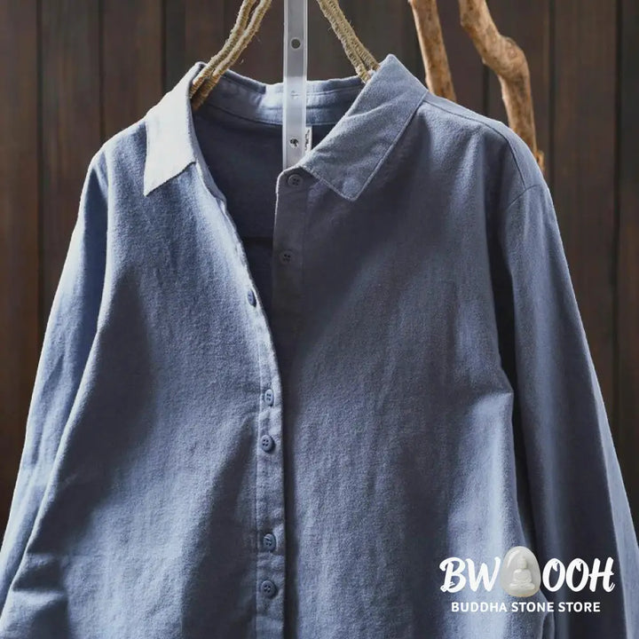 Buddha Stones Fall Solid Color Button Down Stand Collar Long Sleeve Women’s Cotton Shirt - Women’s Shirts