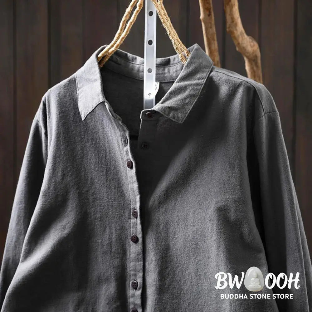 Buddha Stones Fall Solid Color Button Down Stand Collar Long Sleeve Women’s Cotton Shirt - Women’s Shirts