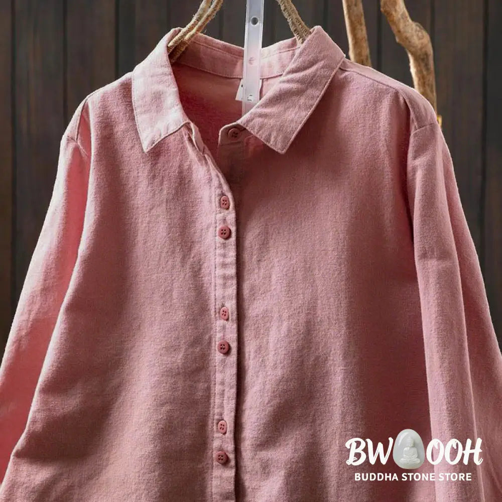 Buddha Stones Fall Solid Color Button Down Stand Collar Long Sleeve Women’s Cotton Shirt - Women’s Shirts