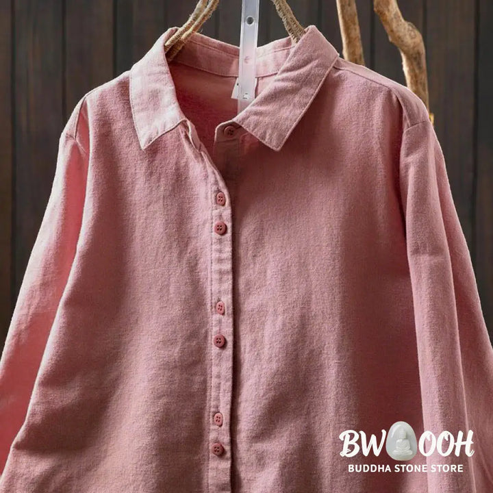 Buddha Stones Fall Solid Color Button Down Stand Collar Long Sleeve Women’s Cotton Shirt - Women’s Shirts