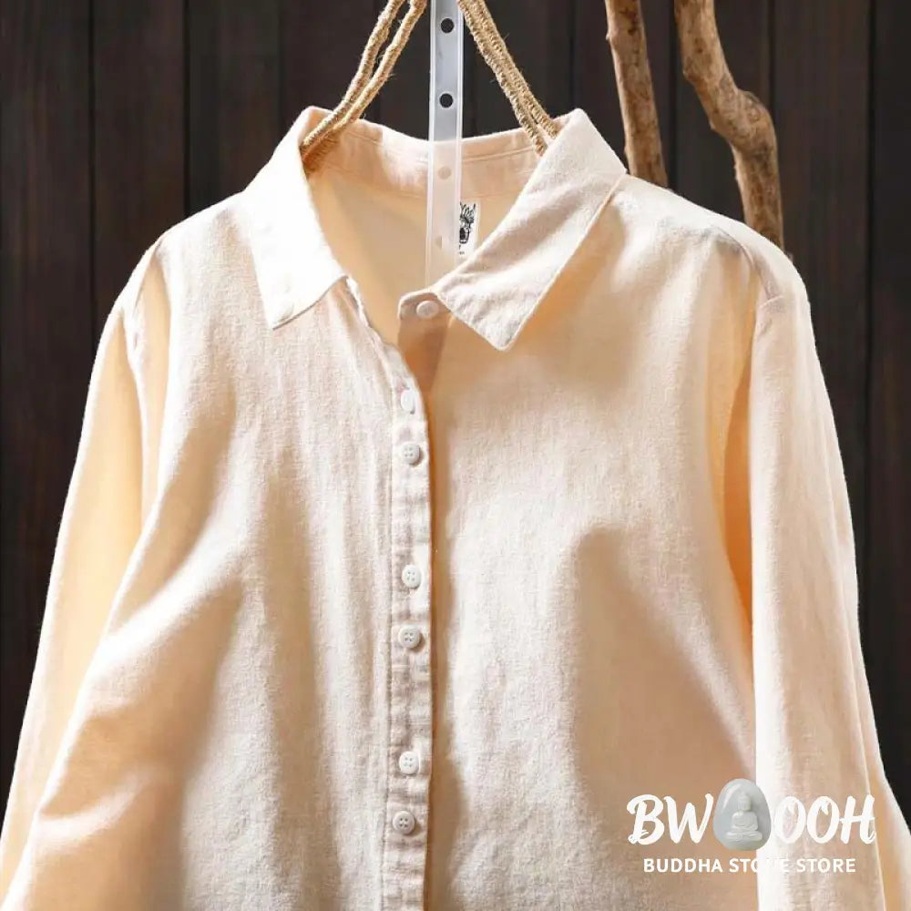 Buddha Stones Fall Solid Color Button Down Stand Collar Long Sleeve Women’s Cotton Shirt - Women’s Shirts