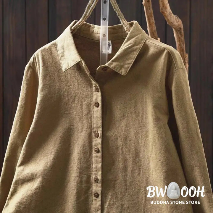 Buddha Stones Fall Solid Color Button Down Stand Collar Long Sleeve Women’s Cotton Shirt - Women’s Shirts