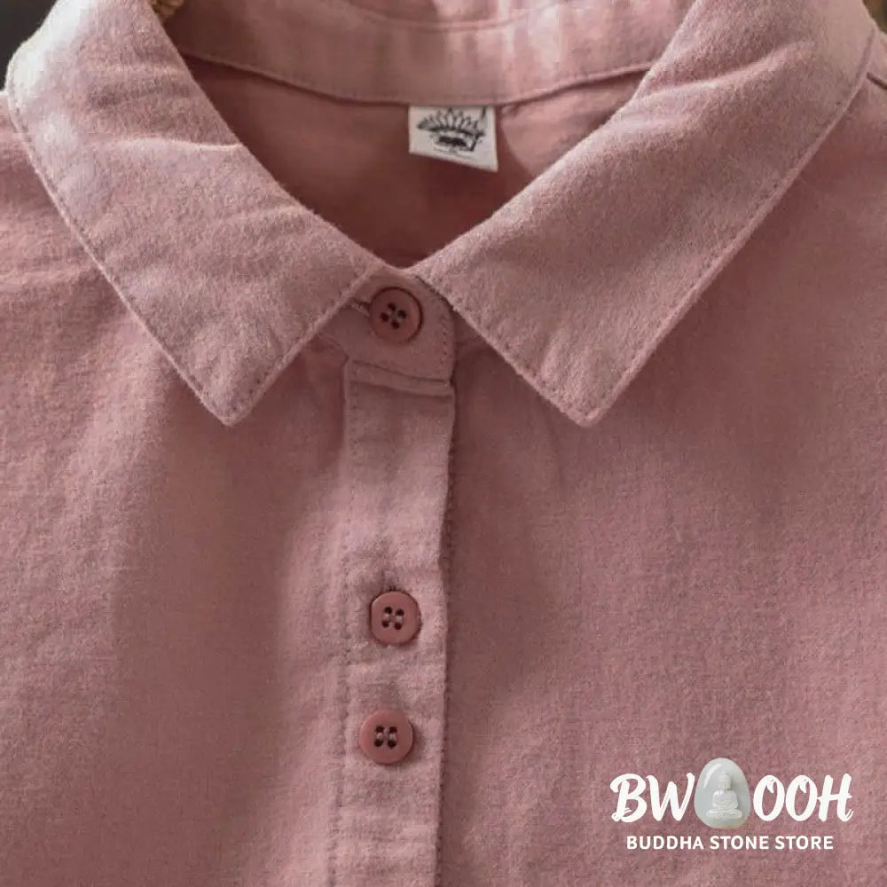 Buddha Stones Fall Solid Color Button Down Stand Collar Long Sleeve Women’s Cotton Shirt - Women’s Shirts