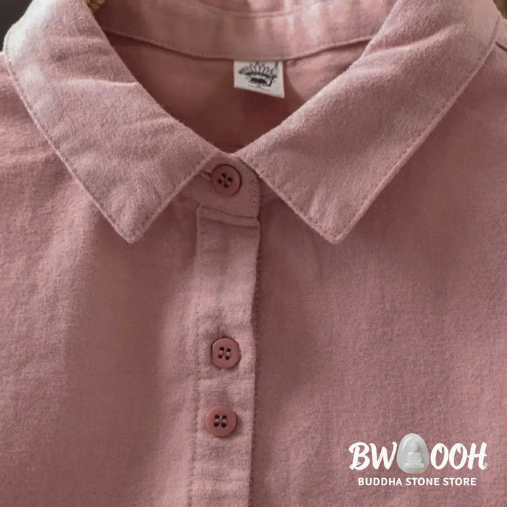 Buddha Stones Fall Solid Color Button Down Stand Collar Long Sleeve Women’s Cotton Shirt - Women’s Shirts