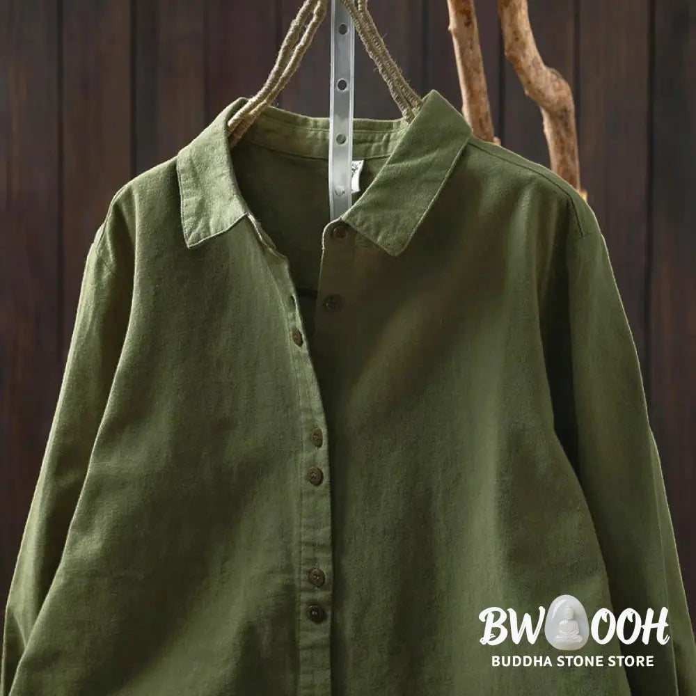Buddha Stones Fall Solid Color Button Down Stand Collar Long Sleeve Women’s Cotton Shirt - Women’s Shirts