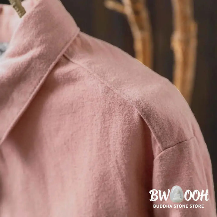 Buddha Stones Fall Solid Color Button Down Stand Collar Long Sleeve Women’s Cotton Shirt - Women’s Shirts