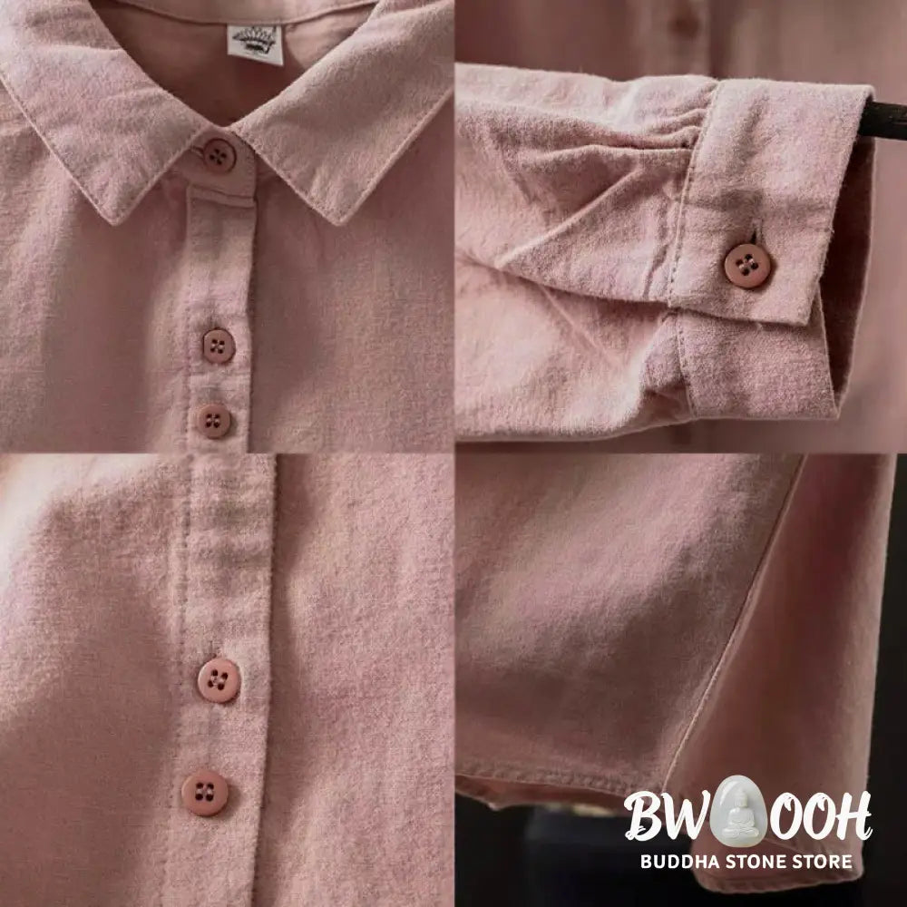 Buddha Stones Fall Solid Color Button Down Stand Collar Long Sleeve Women’s Cotton Shirt - Women’s Shirts
