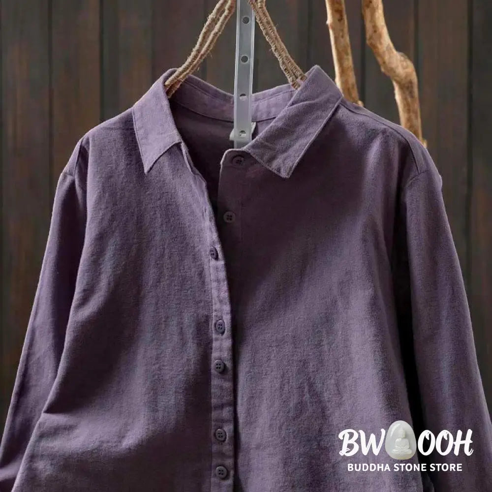 Buddha Stones Fall Solid Color Button Down Stand Collar Long Sleeve Women’s Cotton Shirt - Women’s Shirts