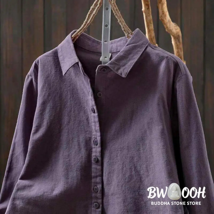 Buddha Stones Fall Solid Color Button Down Stand Collar Long Sleeve Women’s Cotton Shirt - Women’s Shirts