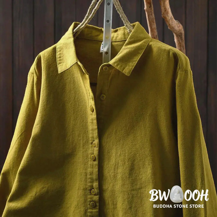 Buddha Stones Fall Solid Color Button Down Stand Collar Long Sleeve Women’s Cotton Shirt - Women’s Shirts