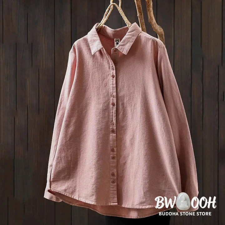 Buddha Stones Fall Solid Color Button Down Stand Collar Long Sleeve Women’s Cotton Shirt - Women’s Shirts