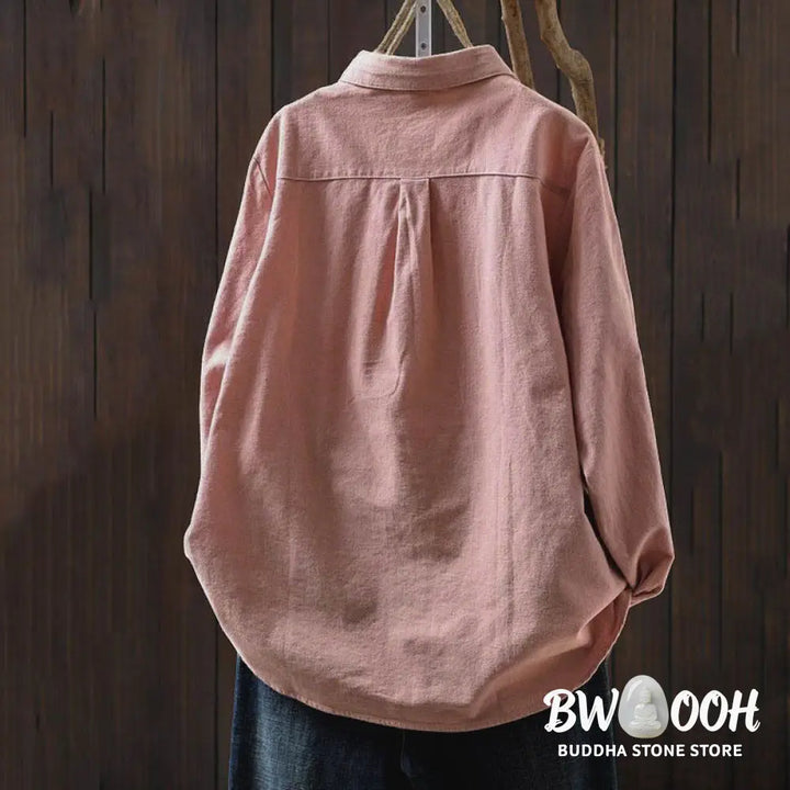Buddha Stones Fall Solid Color Button Down Stand Collar Long Sleeve Women’s Cotton Shirt - Women’s Shirts