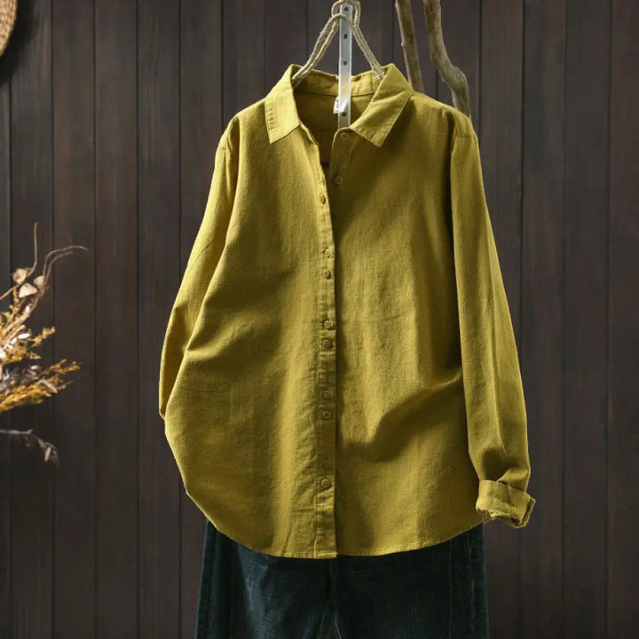 Buddha Stones Fall Solid Color Button Down Stand Collar Long Sleeve Women’s Cotton Shirt - YellowGreen