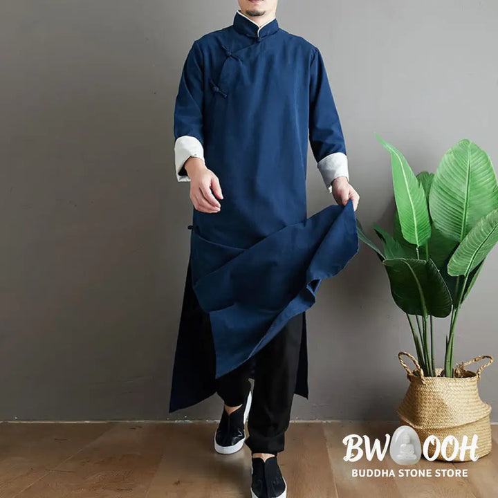 Buddha Stones Fall Solid Color Chinese Frog-Button Cotton Men’s Tang Suit Robe - Men’s Tang Suit Robe