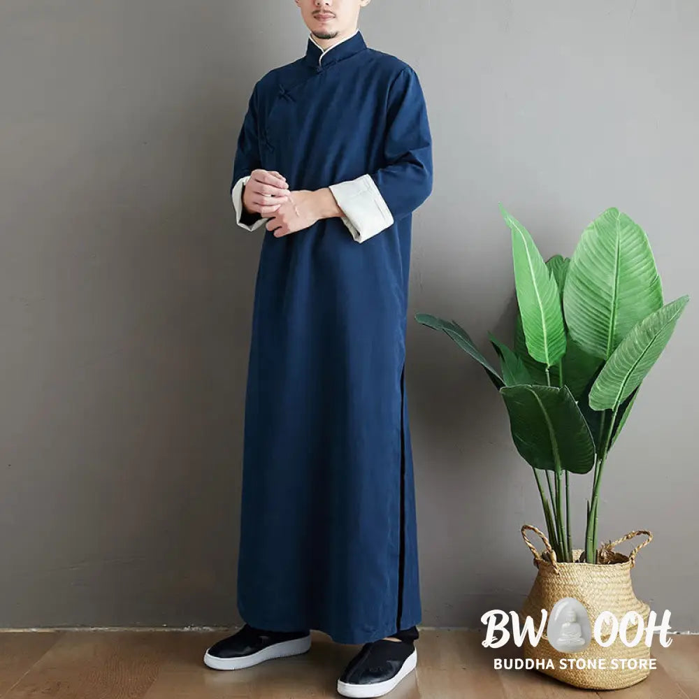 Buddha Stones Fall Solid Color Chinese Frog-Button Cotton Men’s Tang Suit Robe - Men’s Tang Suit Robe