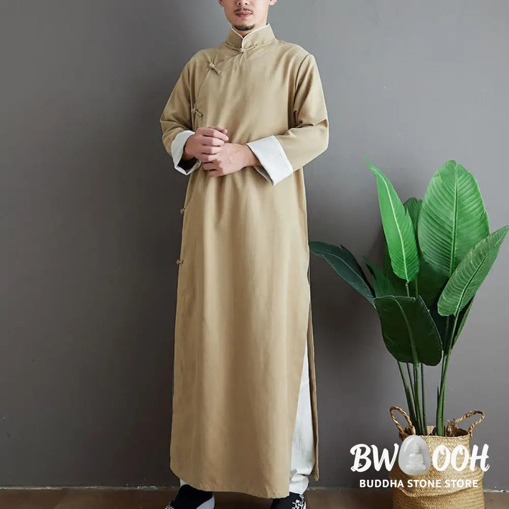 Buddha Stones Fall Solid Color Chinese Frog-Button Cotton Men’s Tang Suit Robe - Men’s Tang Suit Robe
