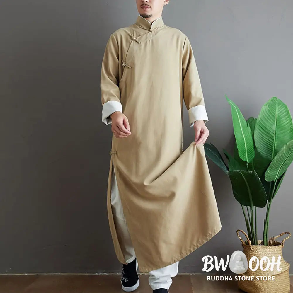 Buddha Stones Fall Solid Color Chinese Frog-Button Cotton Men’s Tang Suit Robe - Men’s Tang Suit Robe