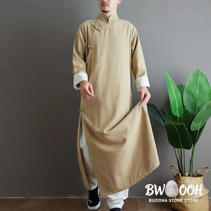 Buddha Stones Fall Solid Color Chinese Frog-Button Cotton Men’s Tang Suit Robe - Men’s Tang Suit Robe