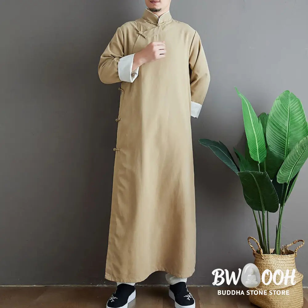 Buddha Stones Fall Solid Color Chinese Frog-Button Cotton Men’s Tang Suit Robe - Men’s Tang Suit Robe