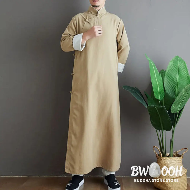 Buddha Stones Fall Solid Color Chinese Frog-Button Cotton Men’s Tang Suit Robe - Men’s Tang Suit Robe
