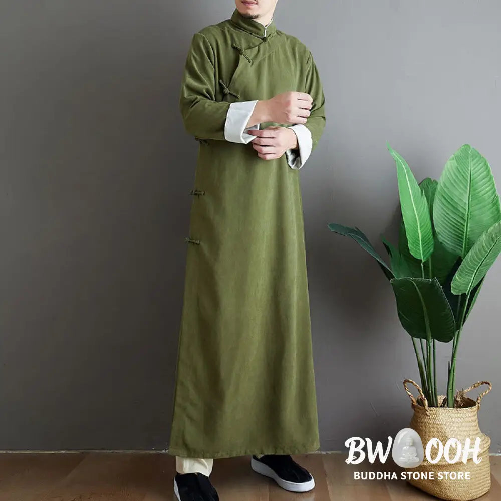 Buddha Stones Fall Solid Color Chinese Frog-Button Cotton Men’s Tang Suit Robe - Men’s Tang Suit Robe