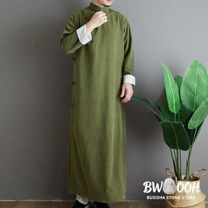 Buddha Stones Fall Solid Color Chinese Frog-Button Cotton Men’s Tang Suit Robe - Men’s Tang Suit Robe