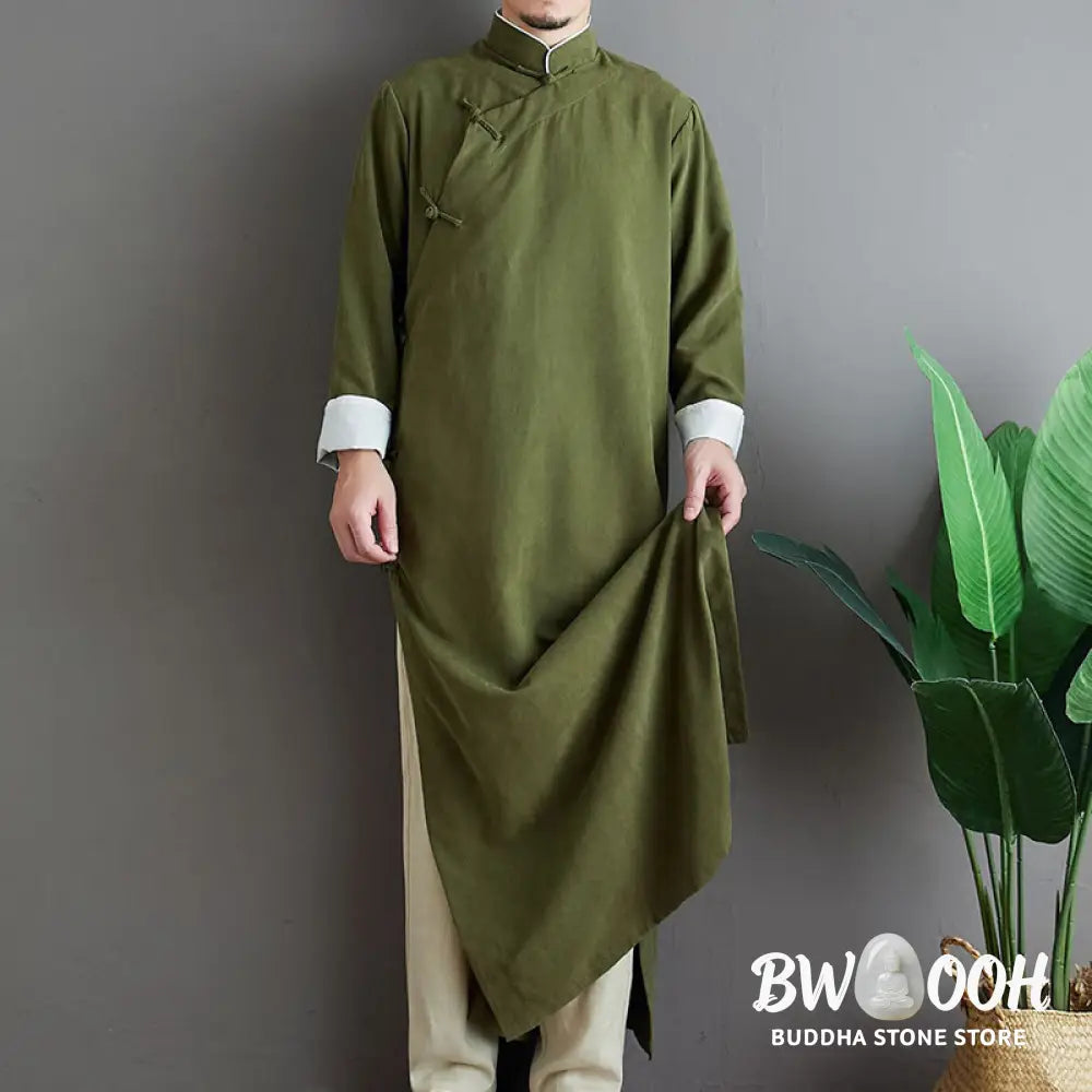 Buddha Stones Fall Solid Color Chinese Frog-Button Cotton Men’s Tang Suit Robe - Men’s Tang Suit Robe