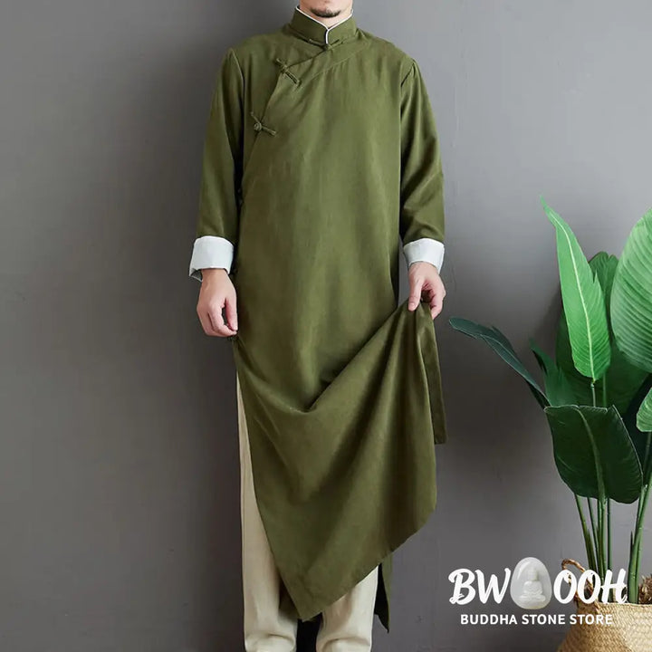 Buddha Stones Fall Solid Color Chinese Frog-Button Cotton Men’s Tang Suit Robe - Men’s Tang Suit Robe
