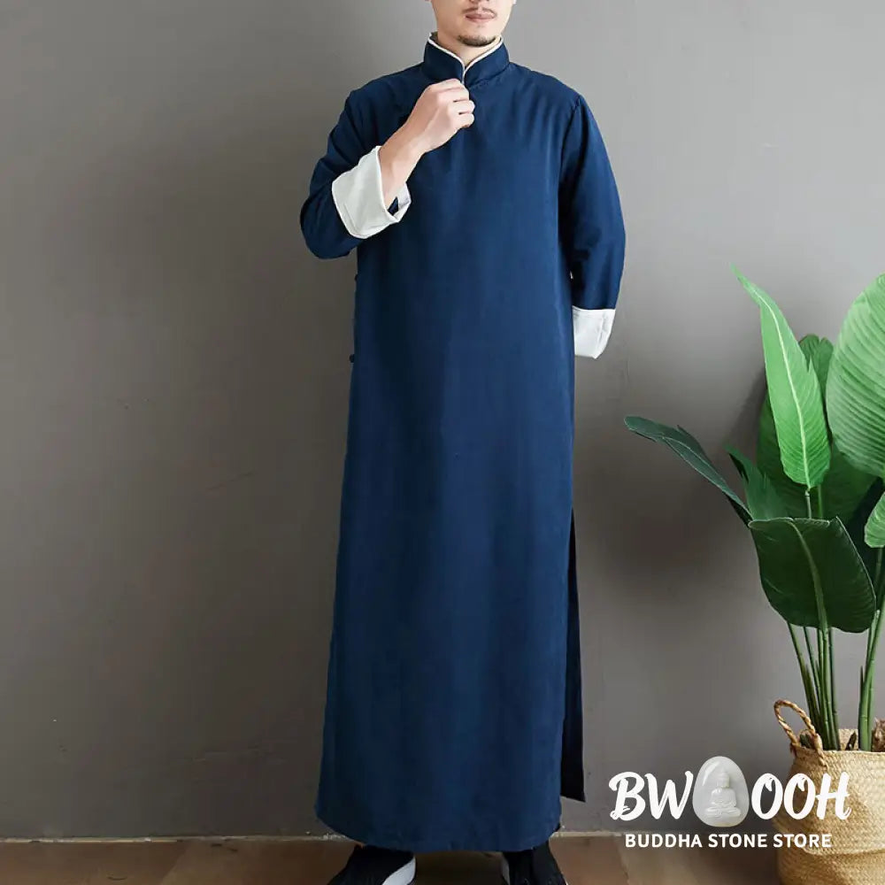 Buddha Stones Fall Solid Color Chinese Frog-Button Cotton Men’s Tang Suit Robe - Men’s Tang Suit Robe