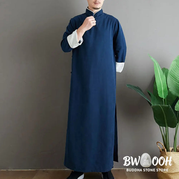 Buddha Stones Fall Solid Color Chinese Frog-Button Cotton Men’s Tang Suit Robe - Men’s Tang Suit Robe