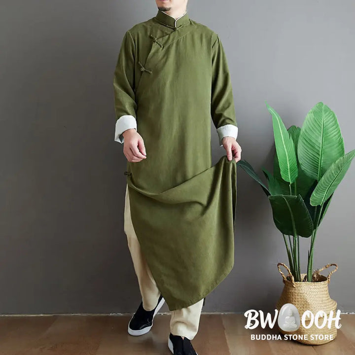 Buddha Stones Fall Solid Color Chinese Frog-Button Cotton Men’s Tang Suit Robe - Men’s Tang Suit Robe