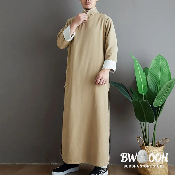 Buddha Stones Fall Solid Color Chinese Frog-Button Cotton Men’s Tang Suit Robe - Men’s Tang Suit Robe