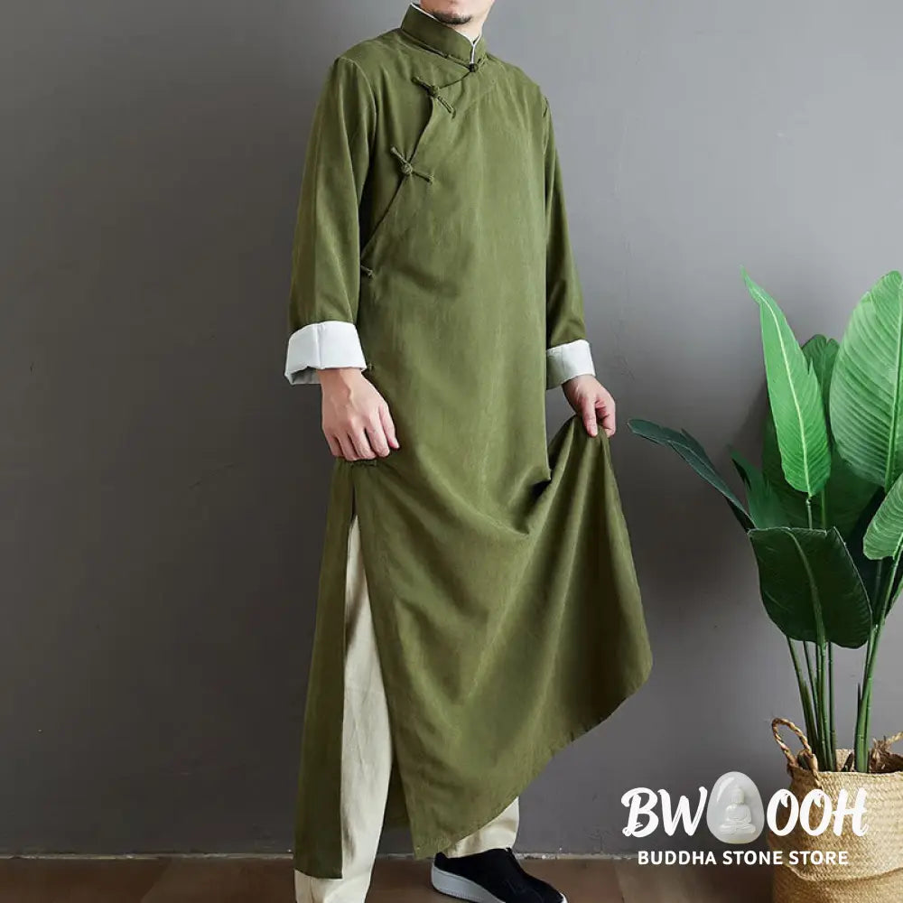 Buddha Stones Fall Solid Color Chinese Frog-Button Cotton Men’s Tang Suit Robe - Men’s Tang Suit Robe