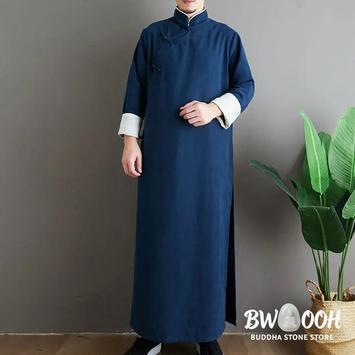 Buddha Stones Fall Solid Color Chinese Frog-Button Cotton Men’s Tang Suit Robe - Men’s Tang Suit Robe