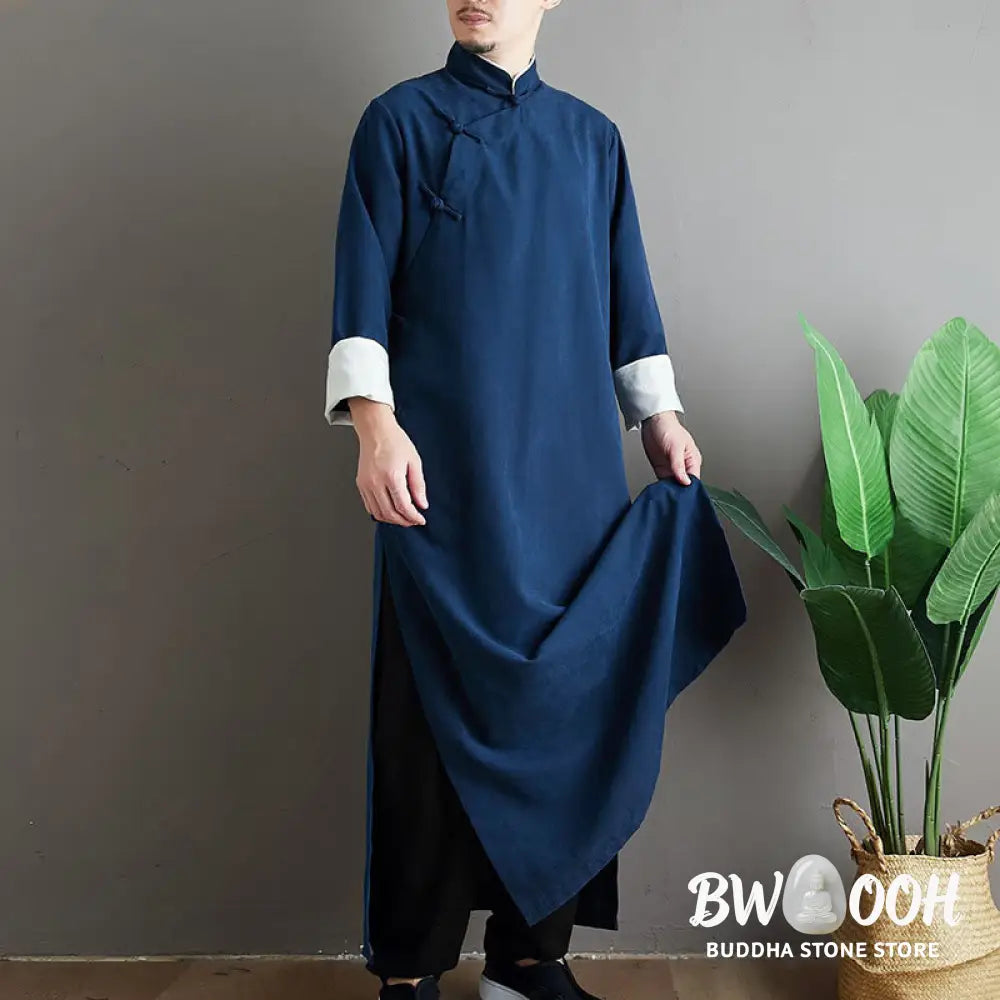 Buddha Stones Fall Solid Color Chinese Frog-Button Cotton Men’s Tang Suit Robe - Men’s Tang Suit Robe