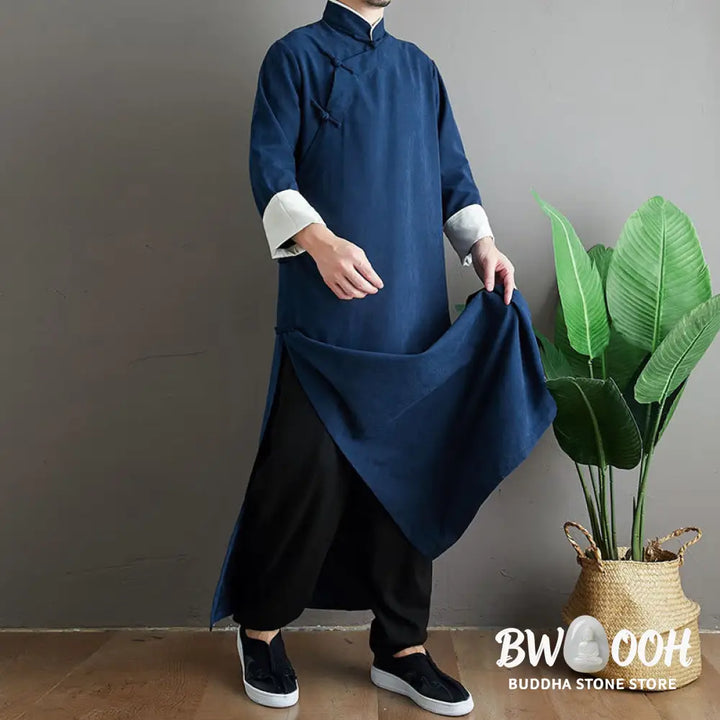 Buddha Stones Fall Solid Color Chinese Frog-Button Cotton Men’s Tang Suit Robe - Men’s Tang Suit Robe