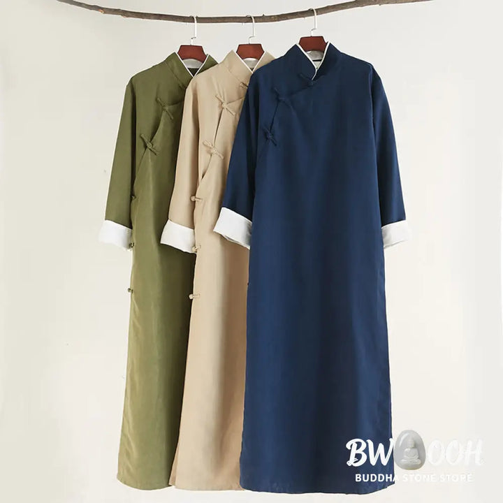 Buddha Stones Fall Solid Color Chinese Frog-Button Cotton Men’s Tang Suit Robe - Men’s Tang Suit Robe