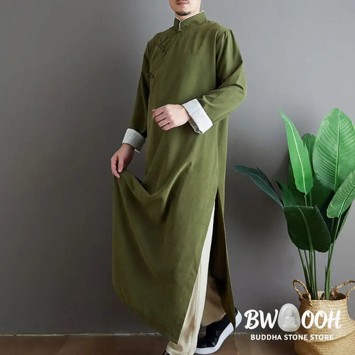 Buddha Stones Fall Solid Color Chinese Frog-Button Cotton Men’s Tang Suit Robe - Men’s Tang Suit Robe