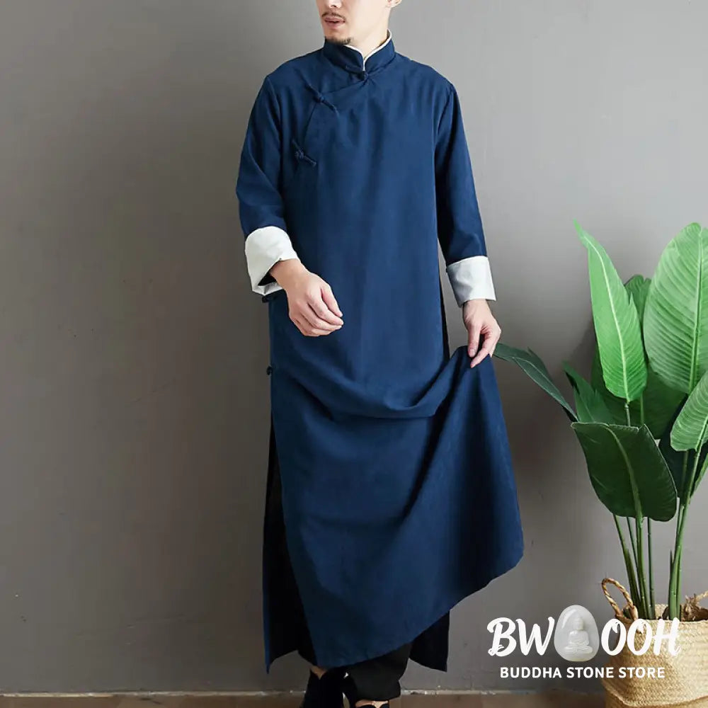 Buddha Stones Fall Solid Color Chinese Frog-Button Cotton Men’s Tang Suit Robe - Men’s Tang Suit Robe